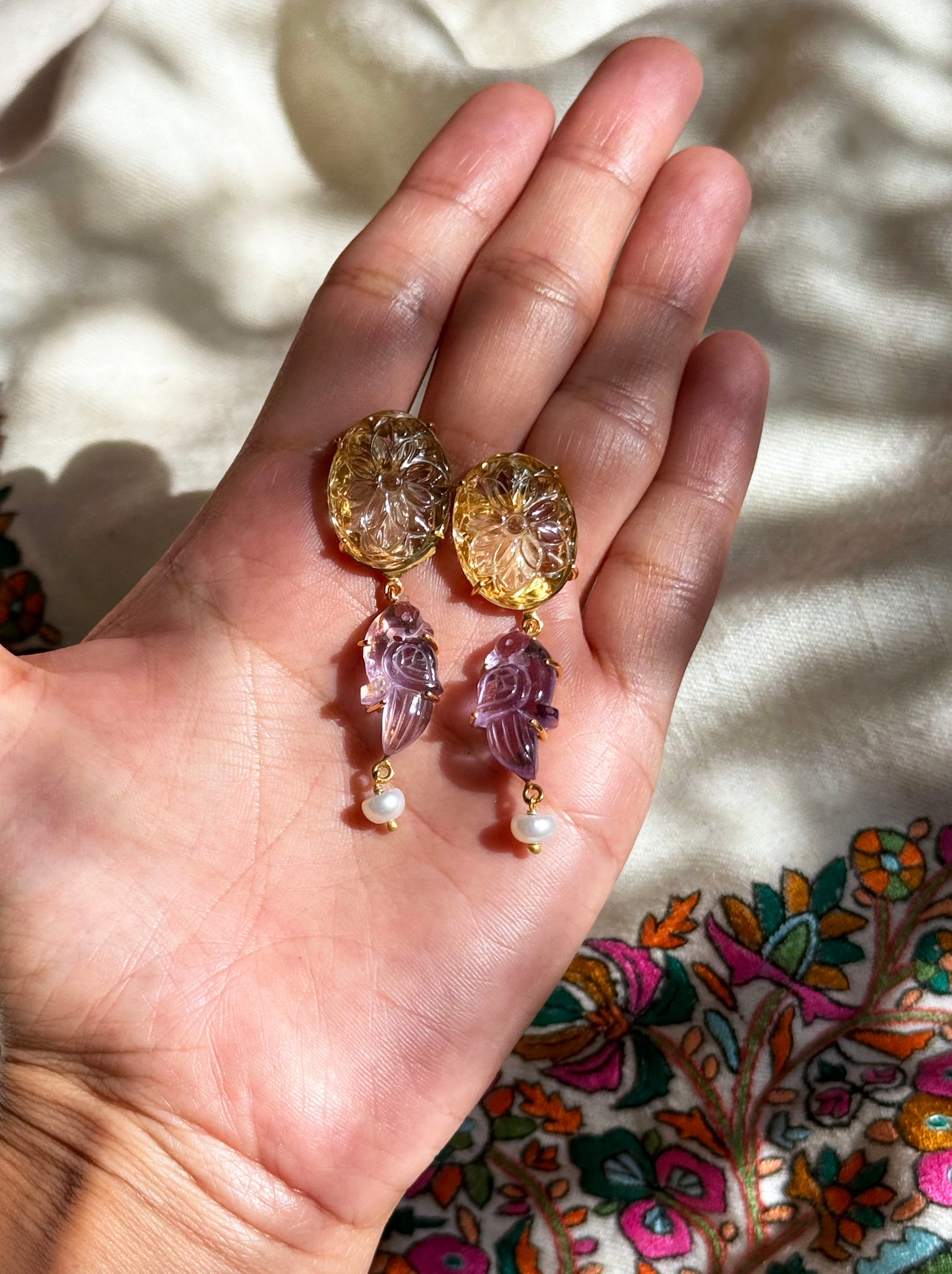 Lemon Citrine & Bird Earrings